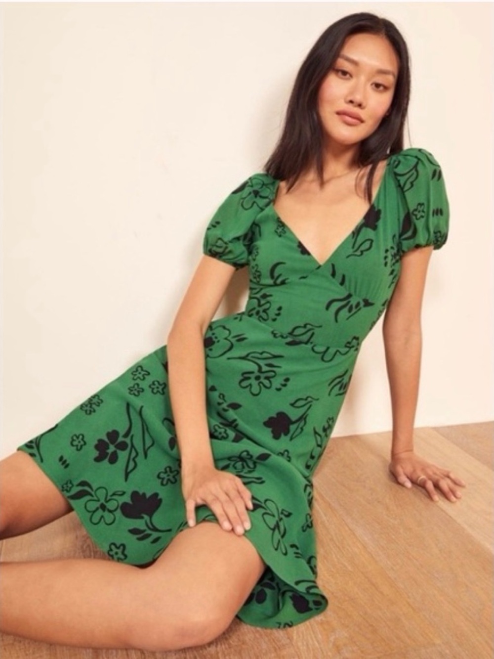 Reformation Green Kacey Floral Puff-Sleeve Midi Dress